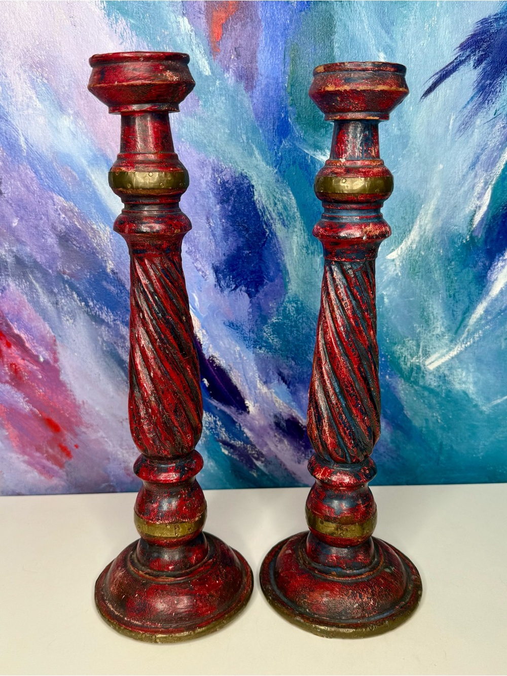 Turned Wood Red & Blue Taper Candle Stick Holders Pair Vintage Classic